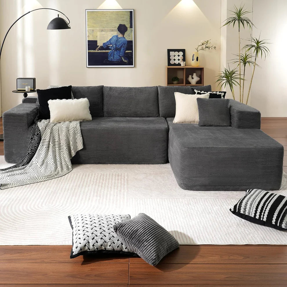 Relax in Style – L-Shape Modular Couch with Plush Corduroy Fabric