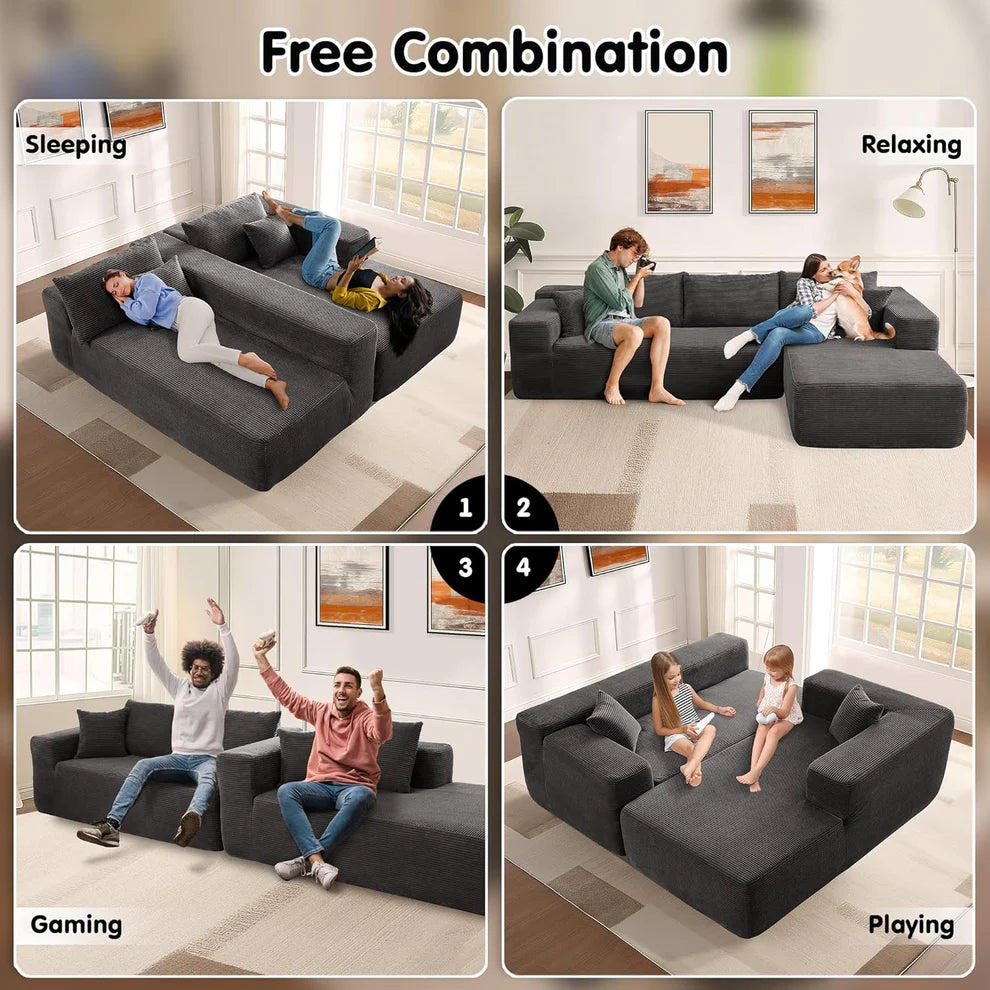 Relax in Style – L-Shape Modular Couch with Plush Corduroy Fabric